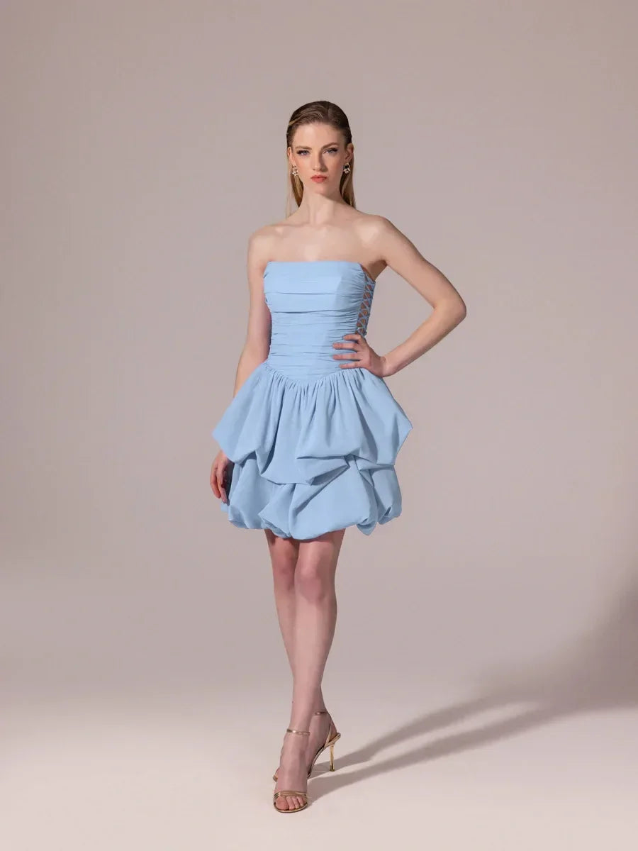 25306-Yanları Bağcık Detaylı Straplez Mini Balon Elbise - Kenzel