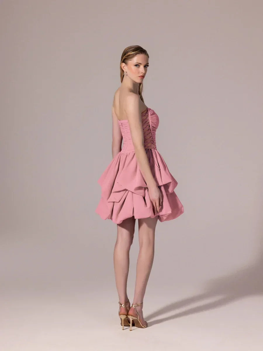 25306-Yanları Bağcık Detaylı Straplez Mini Balon Elbise - Kenzel