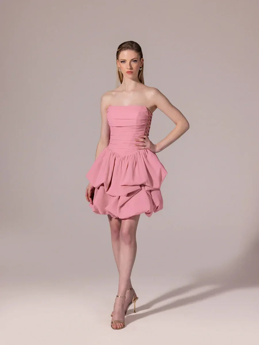 25306-Yanları Bağcık Detaylı Straplez Mini Balon Elbise - Kenzel