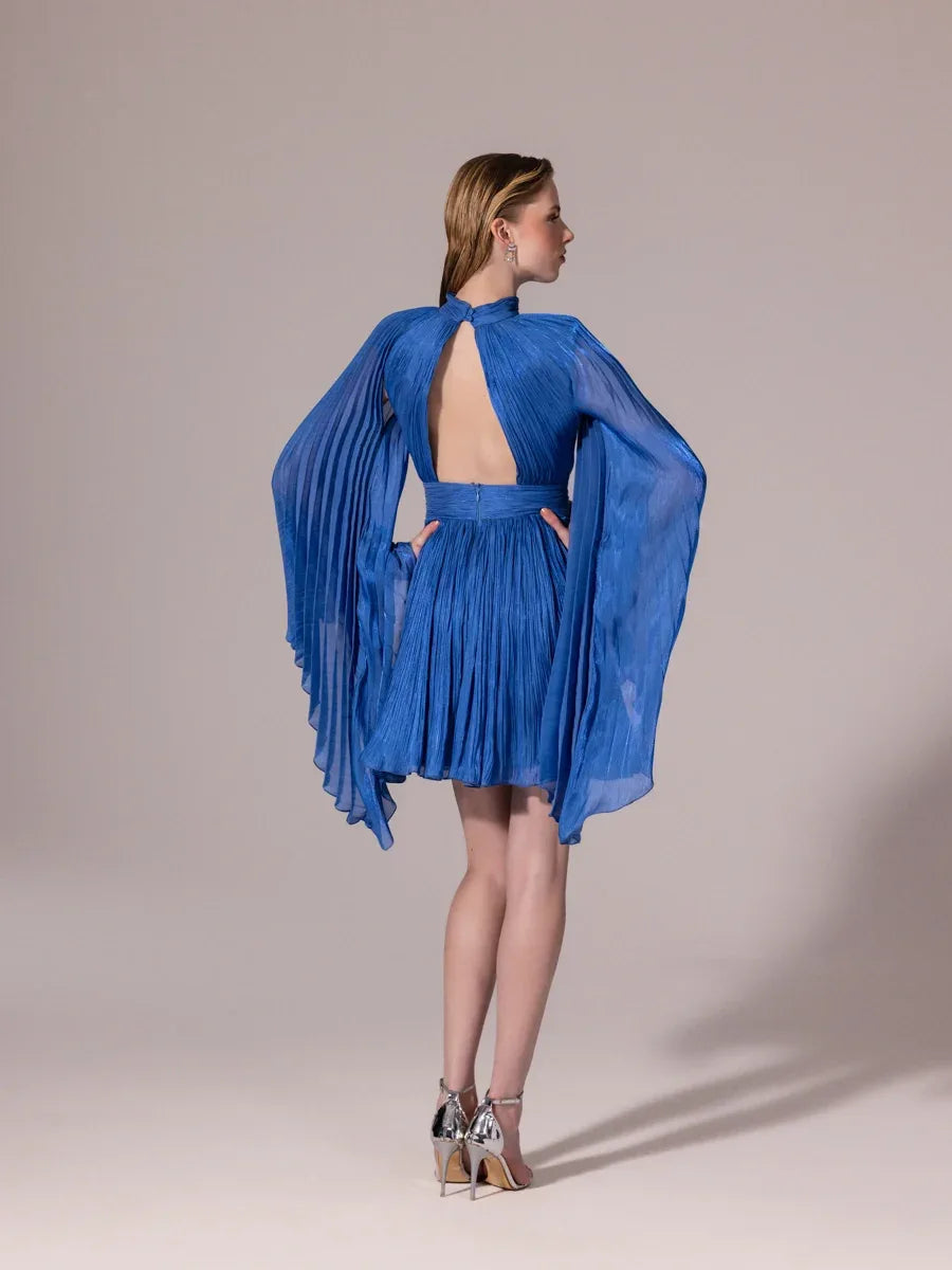 25308-Sırt Detaylı Yarasa Kollu Piliseli Mini Elbise - Kenzel