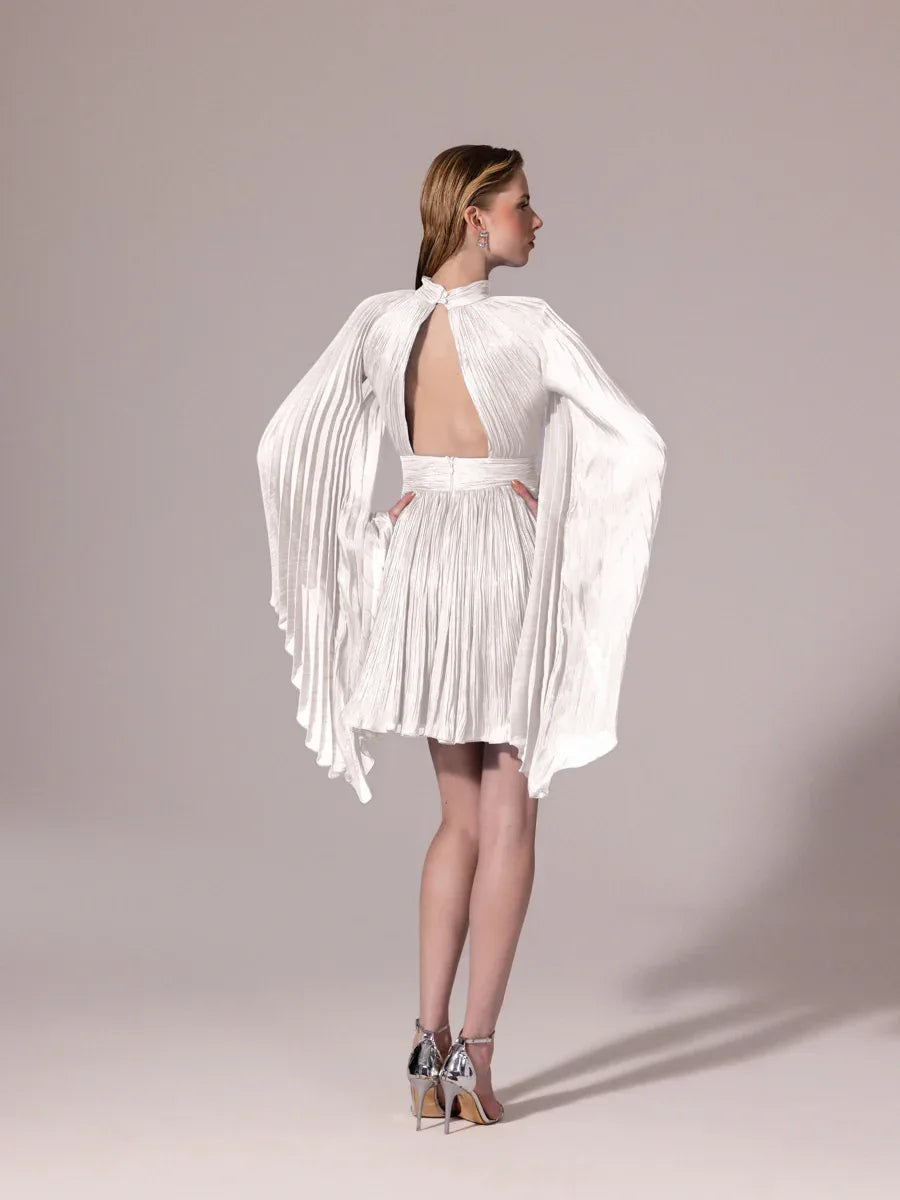 25308-Sırt Detaylı Yarasa Kollu Piliseli Mini Elbise - Kenzel