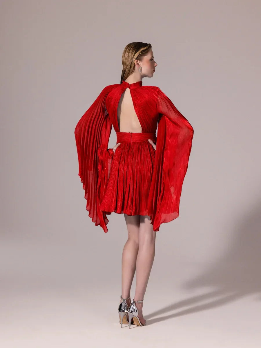 25308-Sırt Detaylı Yarasa Kollu Piliseli Mini Elbise - Kenzel