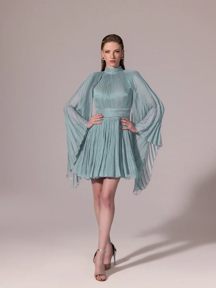 25308-Sırt Detaylı Yarasa Kollu Piliseli Mini Elbise - Kenzel