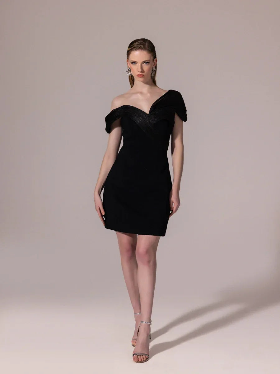 25311-Yakası Plise Detaylı Mini Elbise - Kenzel