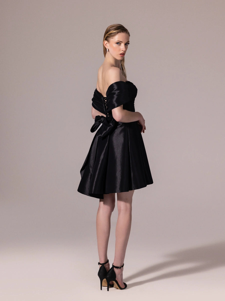 25314-Straplez Fiyonk Detaylı Kuplu Mini Elbise