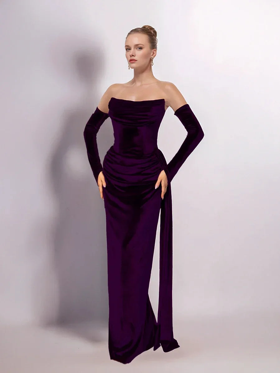 25402-Straplez Degaje Yaka Drapeli Kuyruk Detaylı Abiye Elbise - Kenzel