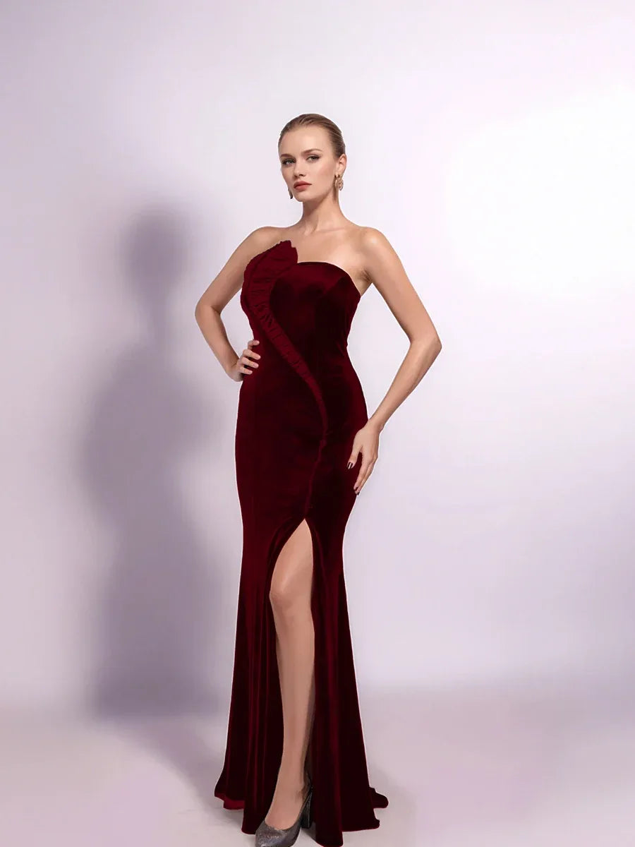 25403-Saten Drape Garnili Straplez Kadife Elbise - Kenzel