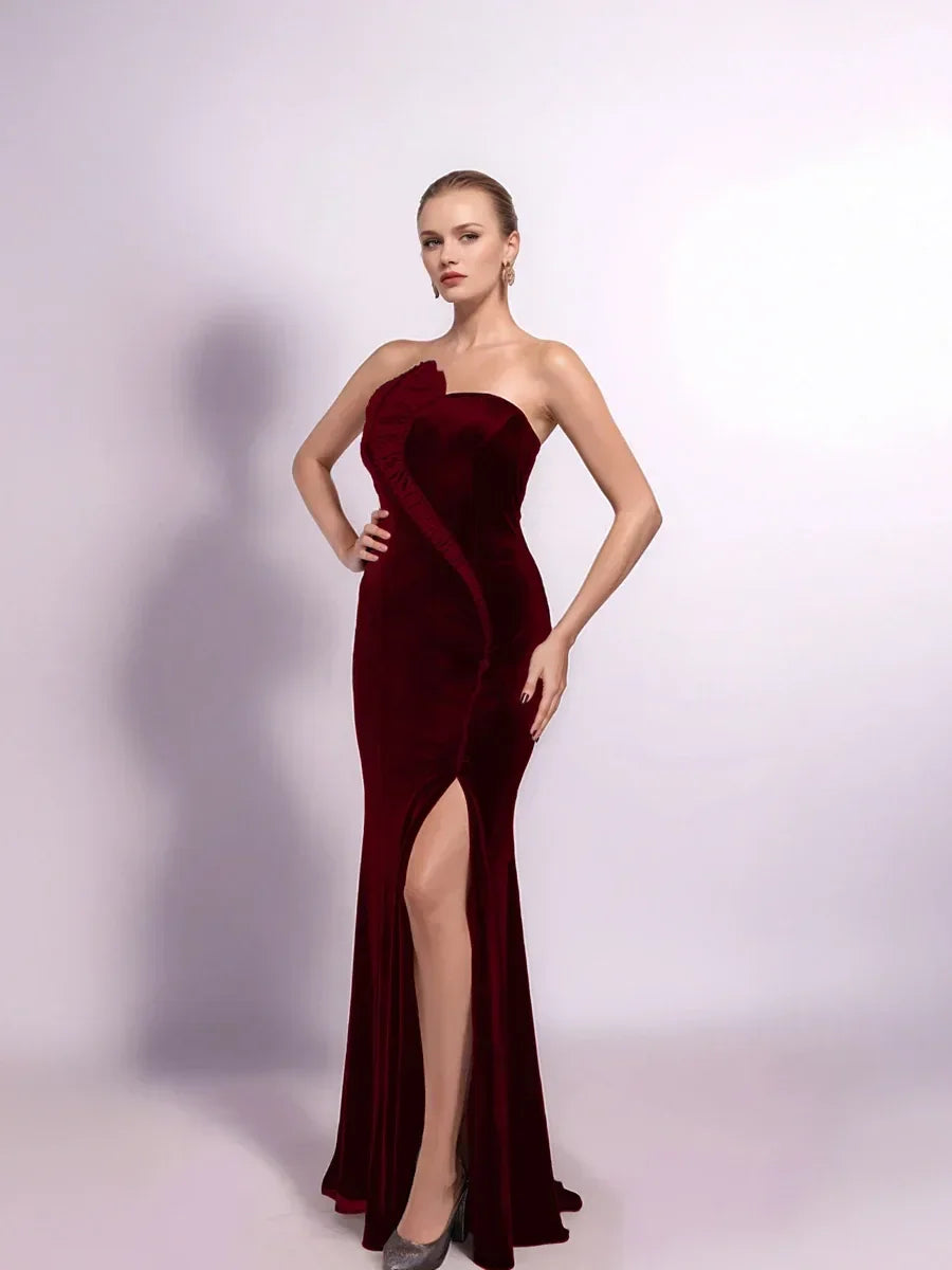 25403-Saten Drape Garnili Straplez Kadife Elbise - Kenzel