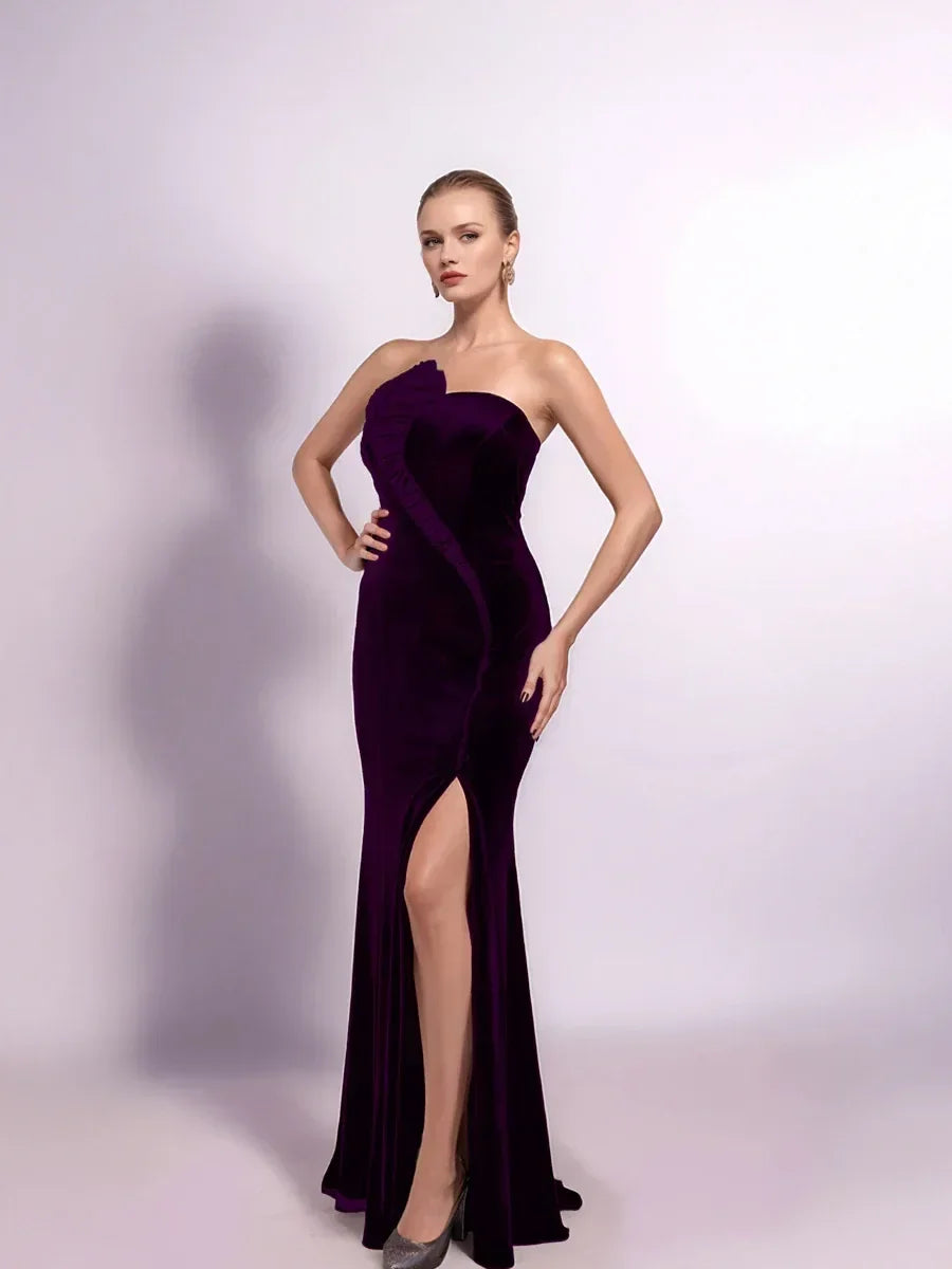 25403-Saten Drape Garnili Straplez Kadife Elbise - Kenzel