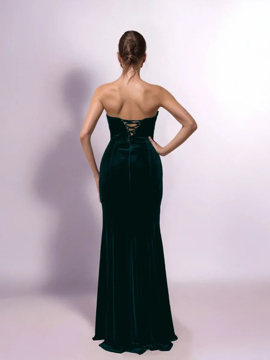 25403-Saten Drape Garnili Straplez Kadife Elbise - Kenzel