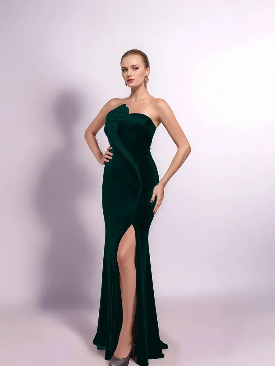 25403-Saten Drape Garnili Straplez Kadife Elbise - Kenzel