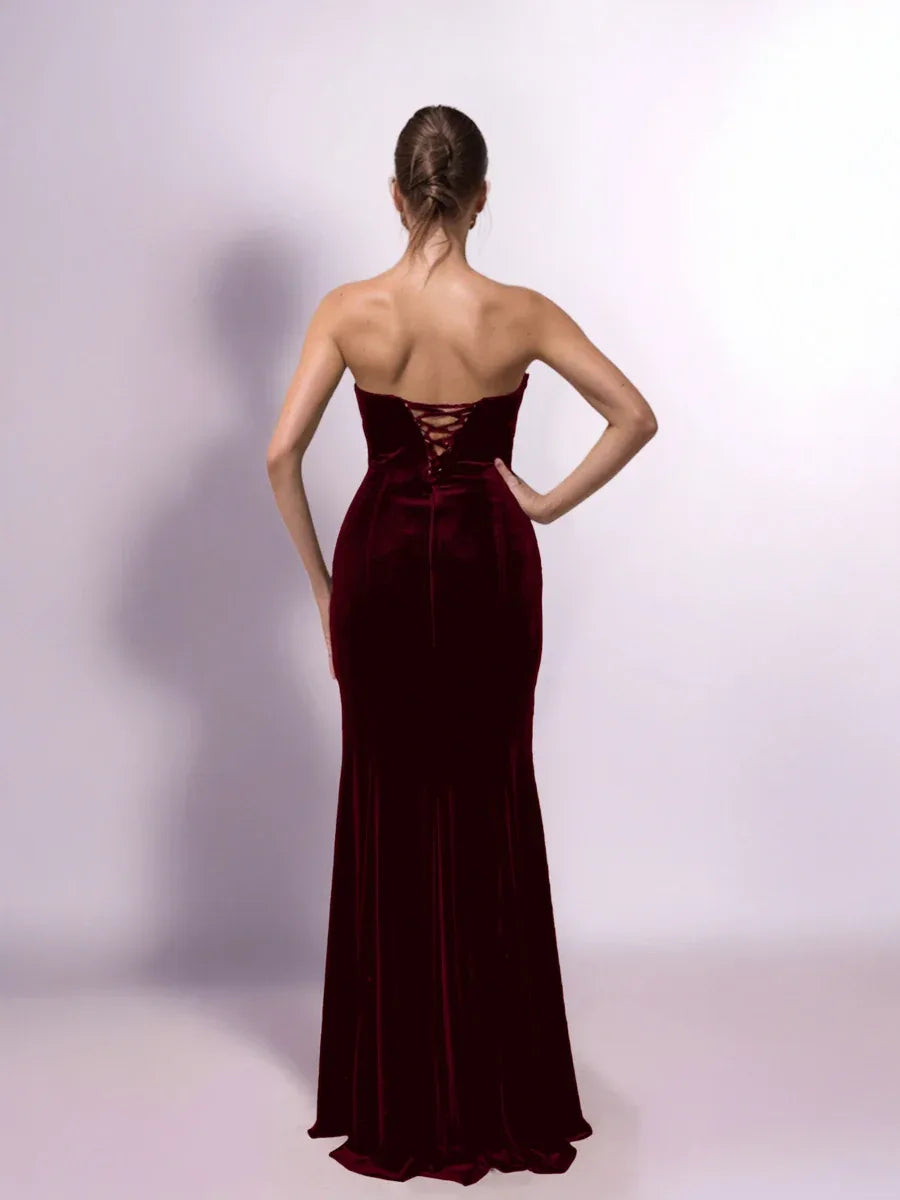 25403-Saten Drape Garnili Straplez Kadife Elbise - Kenzel