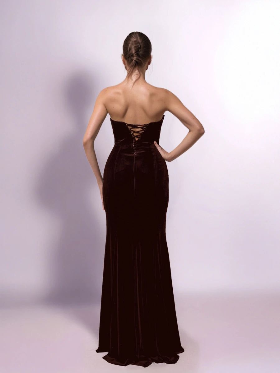 25403-Saten Drape Garnili Straplez Kadife Elbise