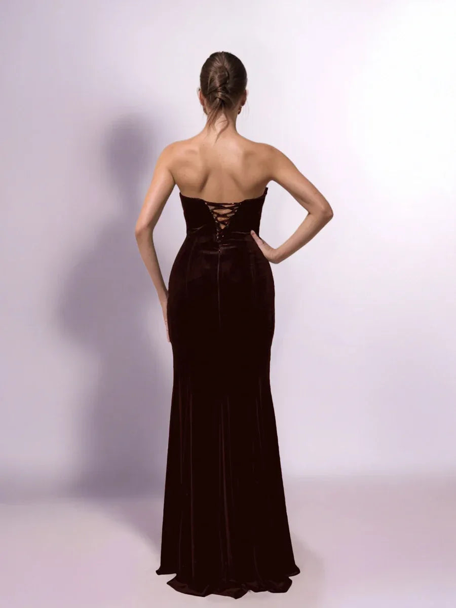 25403-Saten Drape Garnili Straplez Kadife Elbise - Kenzel