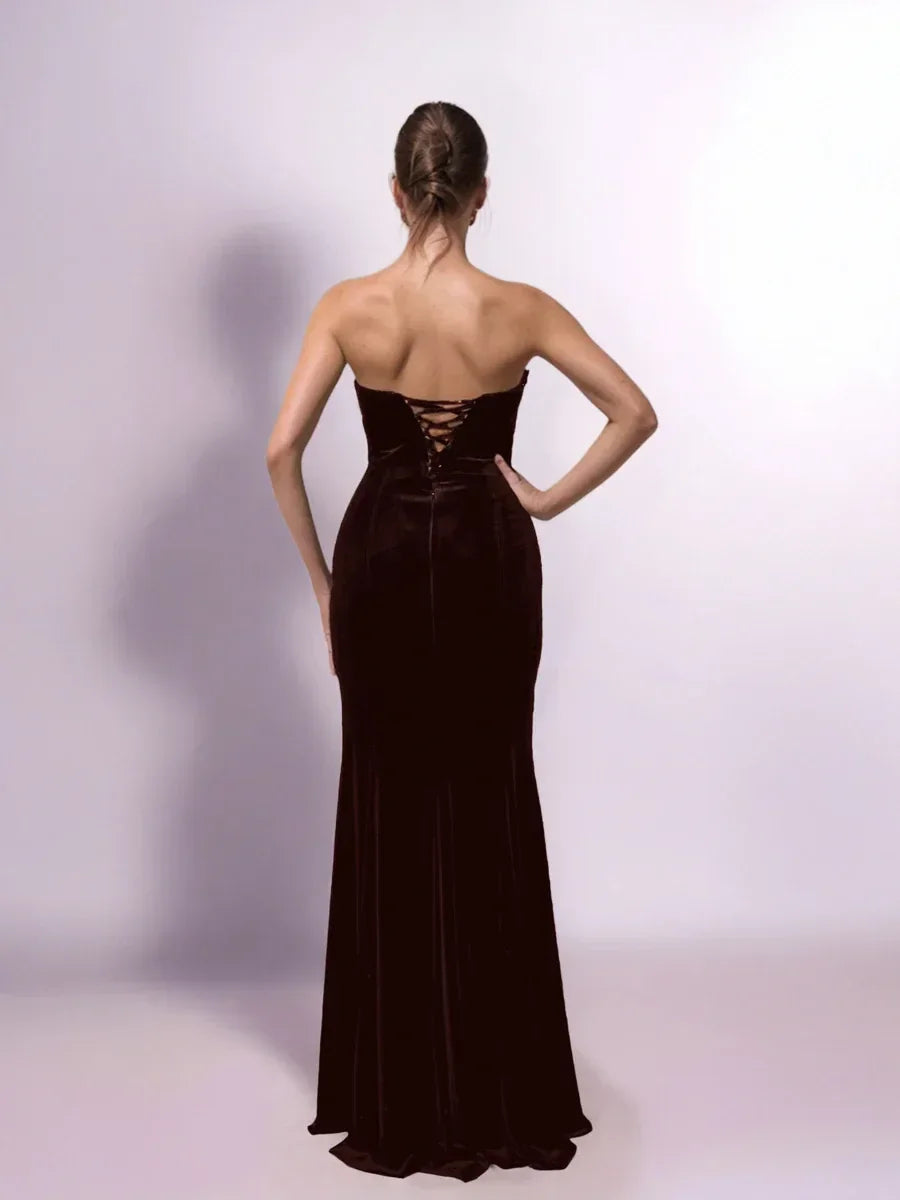 25403-Saten Drape Garnili Straplez Kadife Elbise - Kenzel