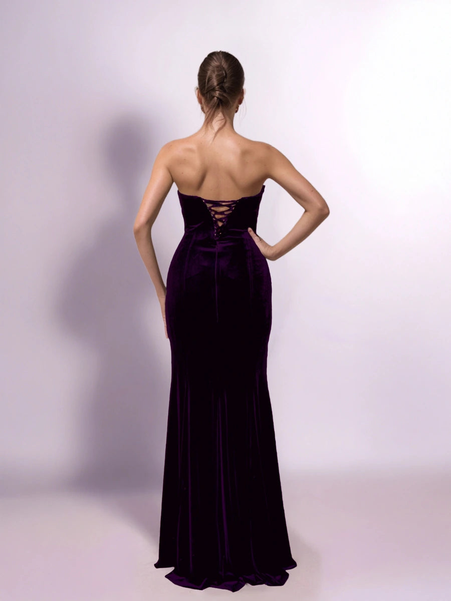 25403-Saten Drape Garnili Straplez Kadife Elbise