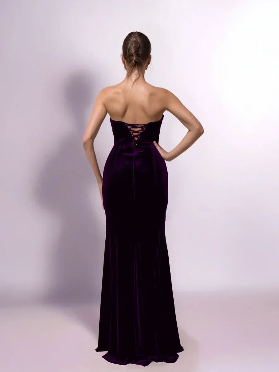 25403-Saten Drape Garnili Straplez Kadife Elbise - Kenzel