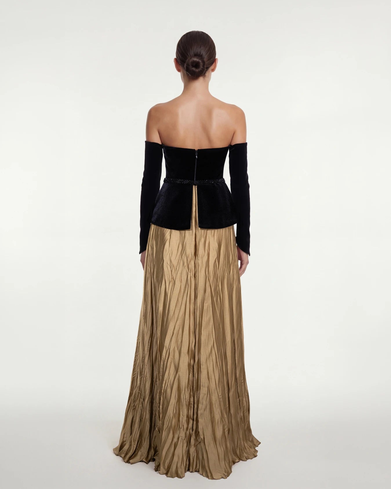 25408-Kadife Büstiyer Garnili Beli Taş İşlemeli Uzun Abiye Elbise