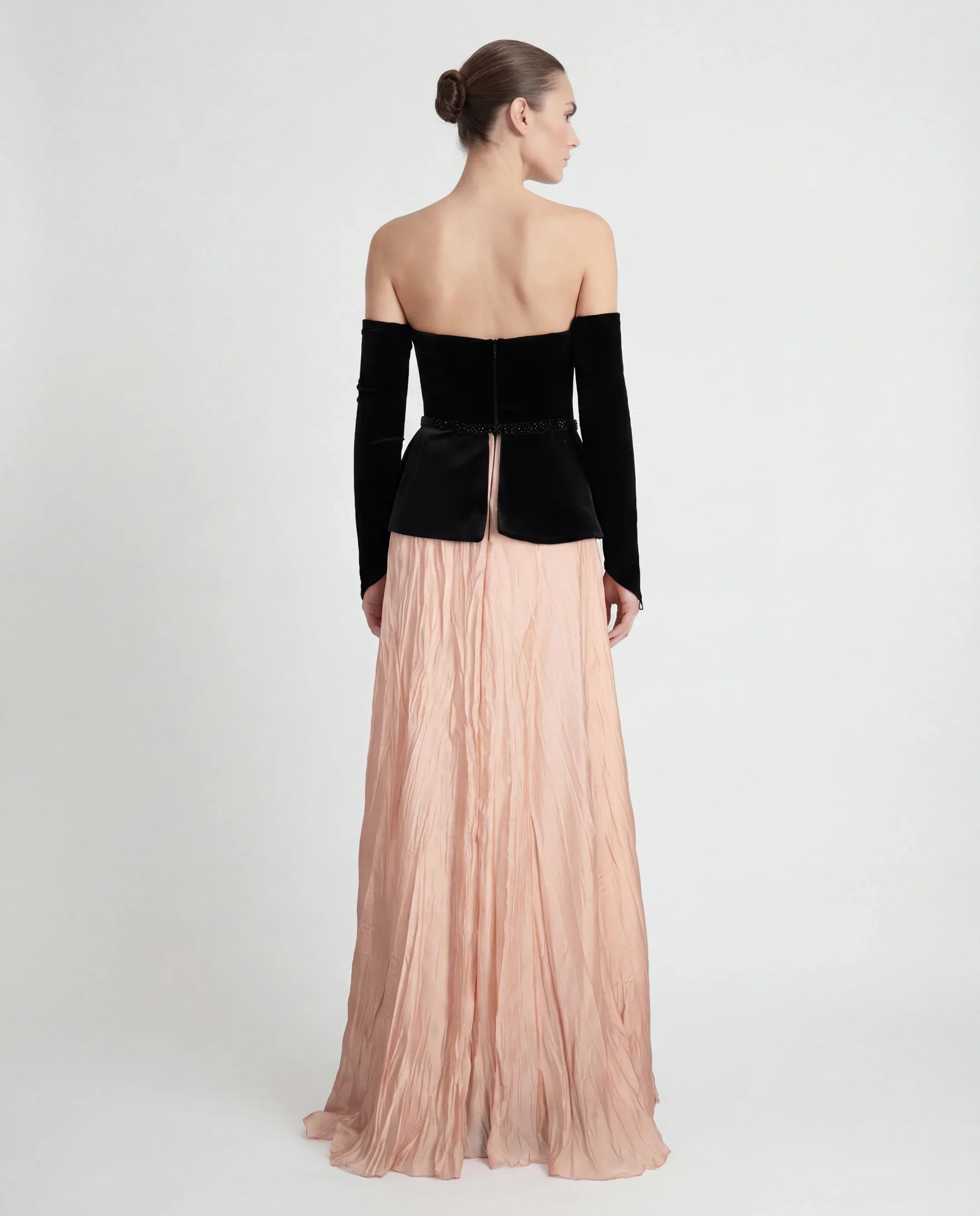 25408 - Velvet Bustier Long Evening Dress with Embellished Waist and Stone Embellishments
