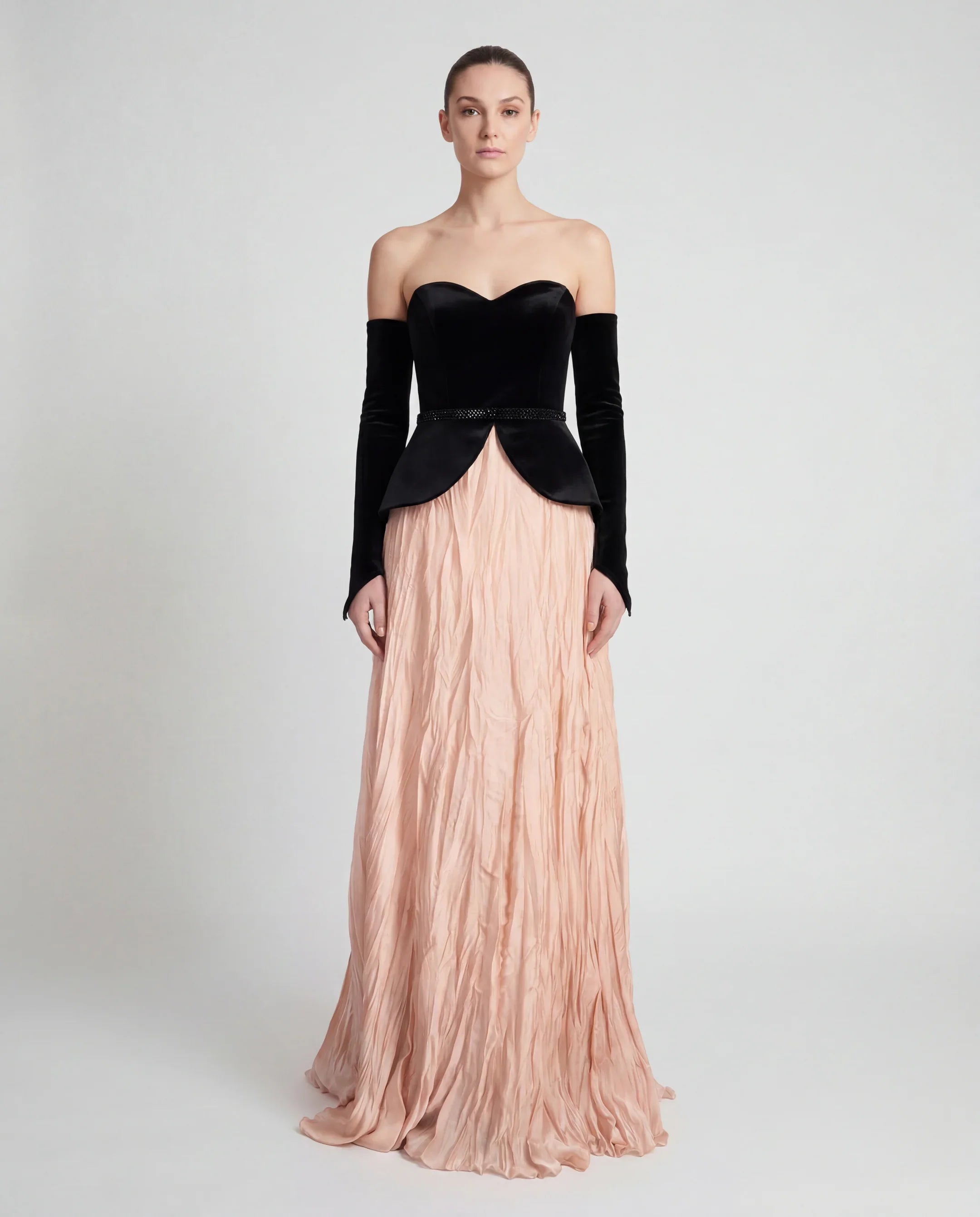 25408 - Velvet Bustier Long Evening Dress with Embellished Waist and Stone Embellishments