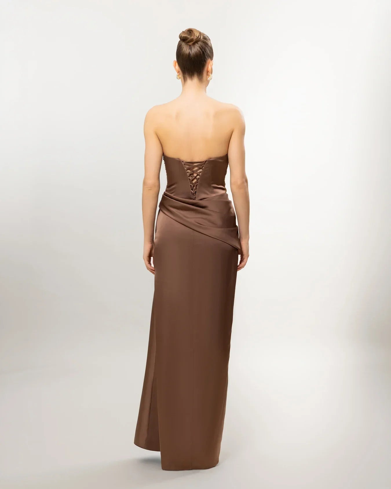 26002-Strapless Corset Detail Slit Long Evening Dress