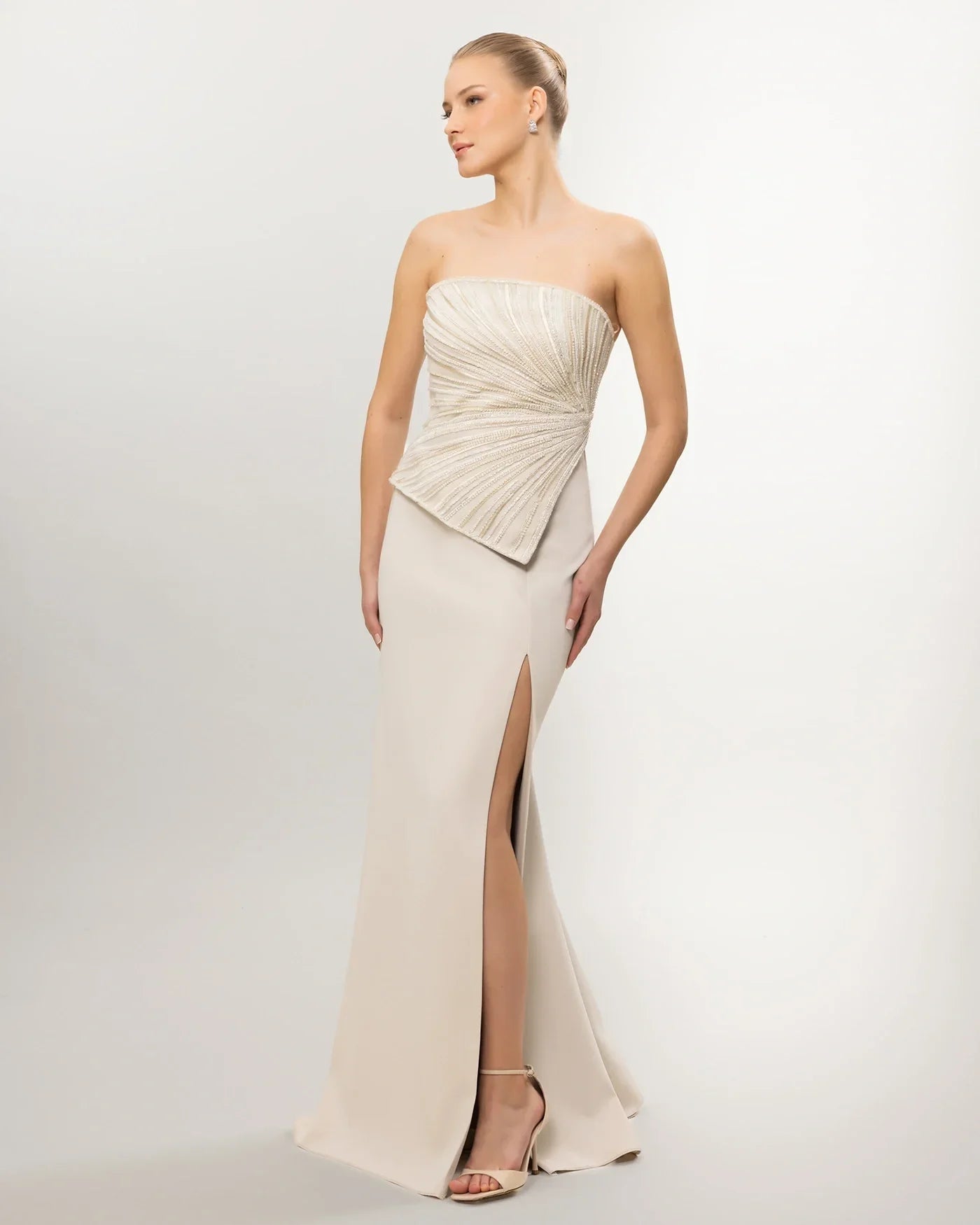 26003-Strapless Embellished Asymmetrical Draped Evening Dress