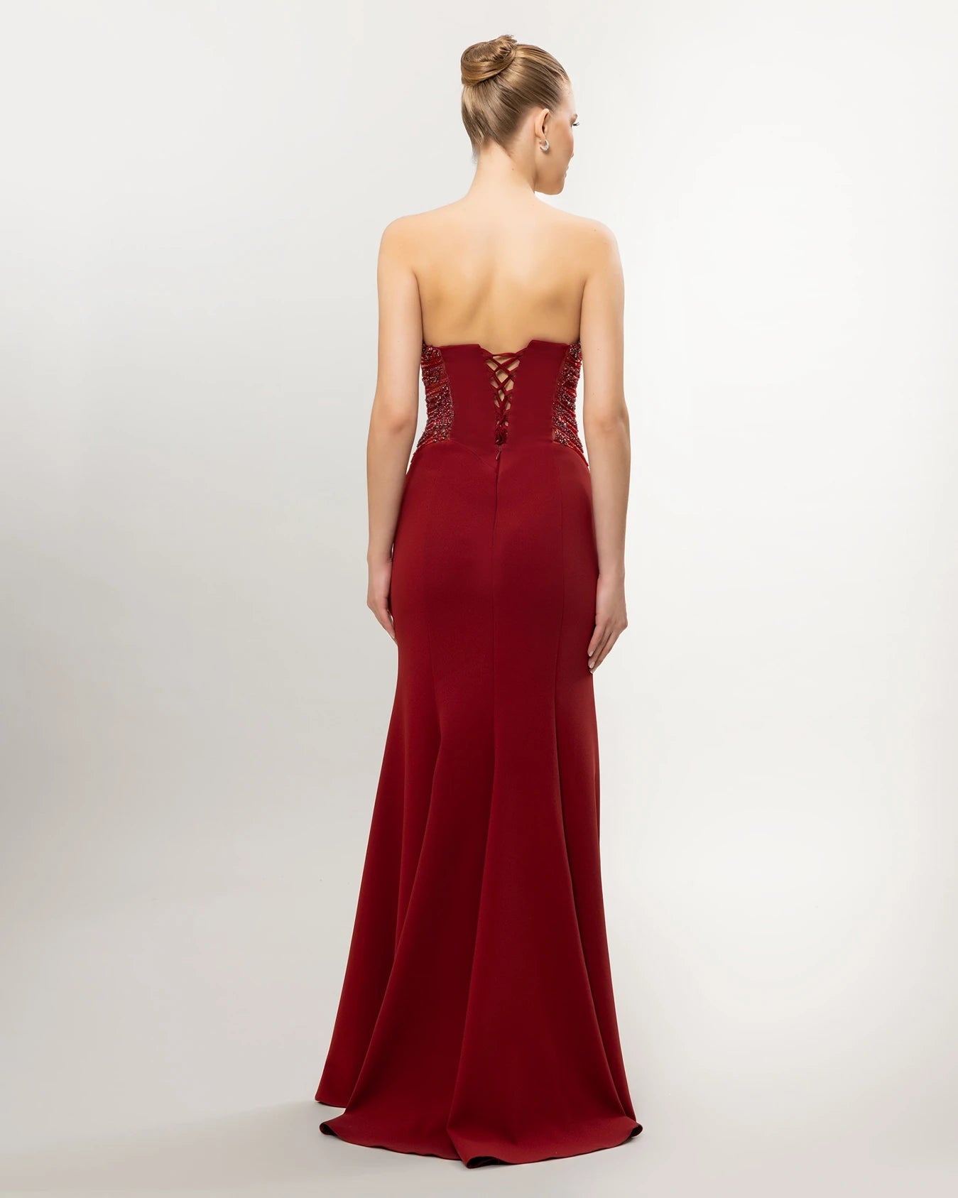 26011-Straplez Drapeli Korse, Balık Abiye Elbise