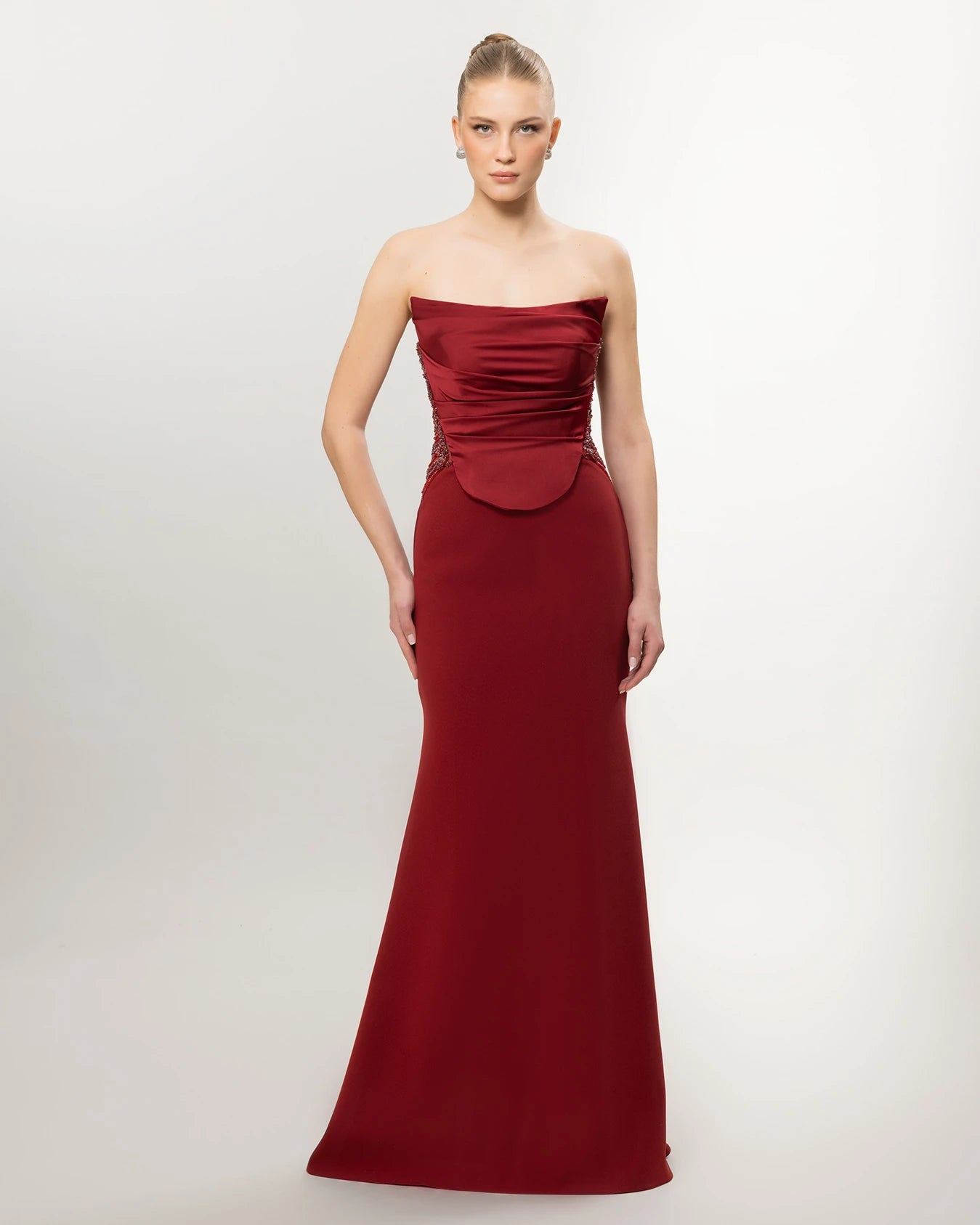 26011-Straplez Drapeli Korse, Balık Abiye Elbise