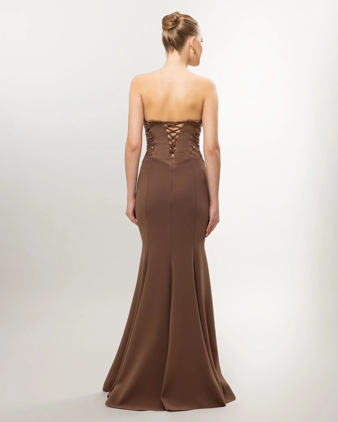 26011-Straplez Drapeli Korse, Balık Abiye Elbise