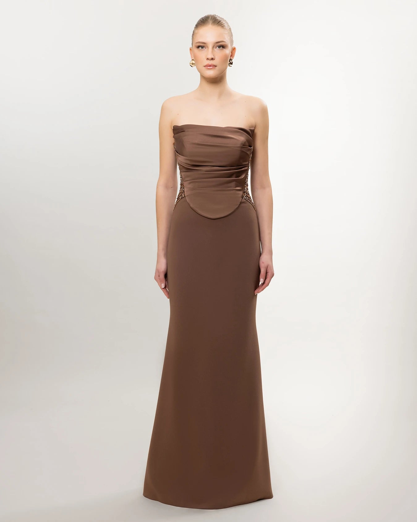 26011-Straplez Drapeli Korse, Balık Abiye Elbise