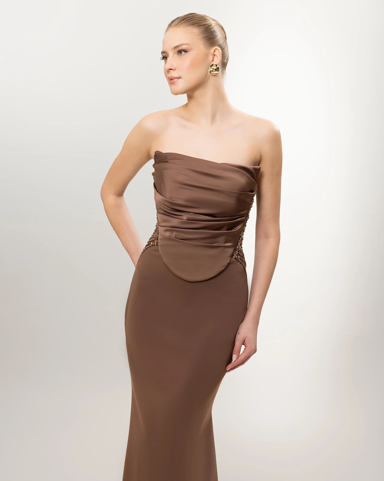 26011-Straplez Drapeli Korse, Balık Abiye Elbise