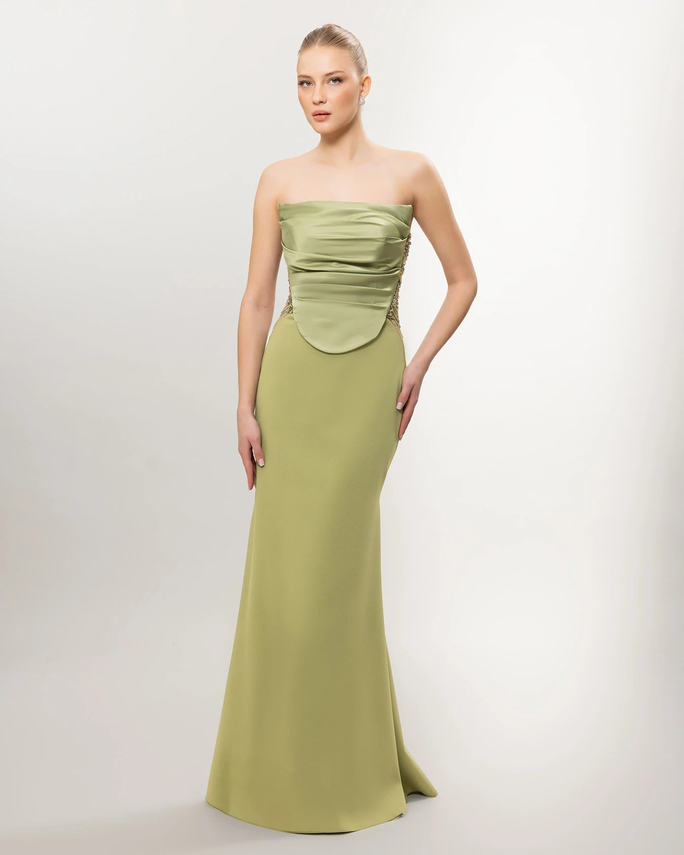 26011-Straplez Drapeli Korse, Balık Abiye Elbise