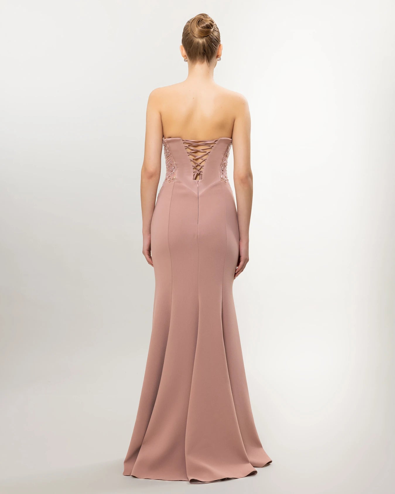 26011-Straplez Drapeli Korse, Balık Abiye Elbise