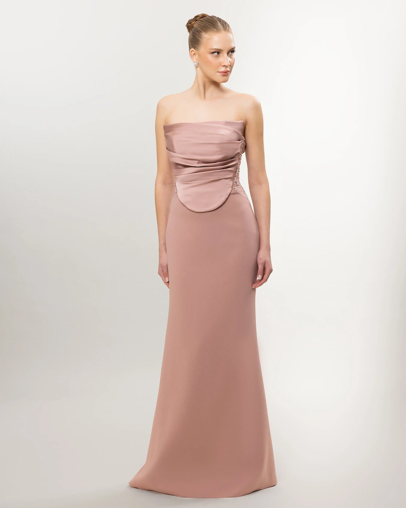 26011-Straplez Drapeli Korse, Balık Abiye Elbise