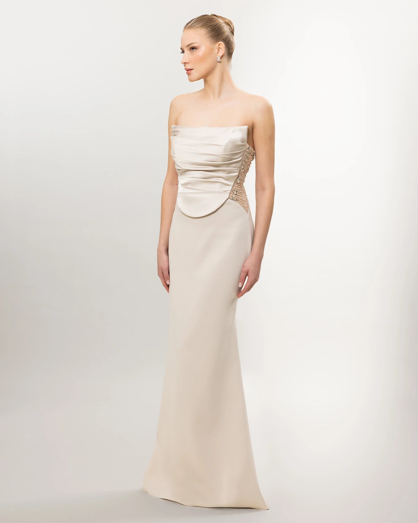 26011-Straplez Drapeli Korse, Balık Abiye Elbise