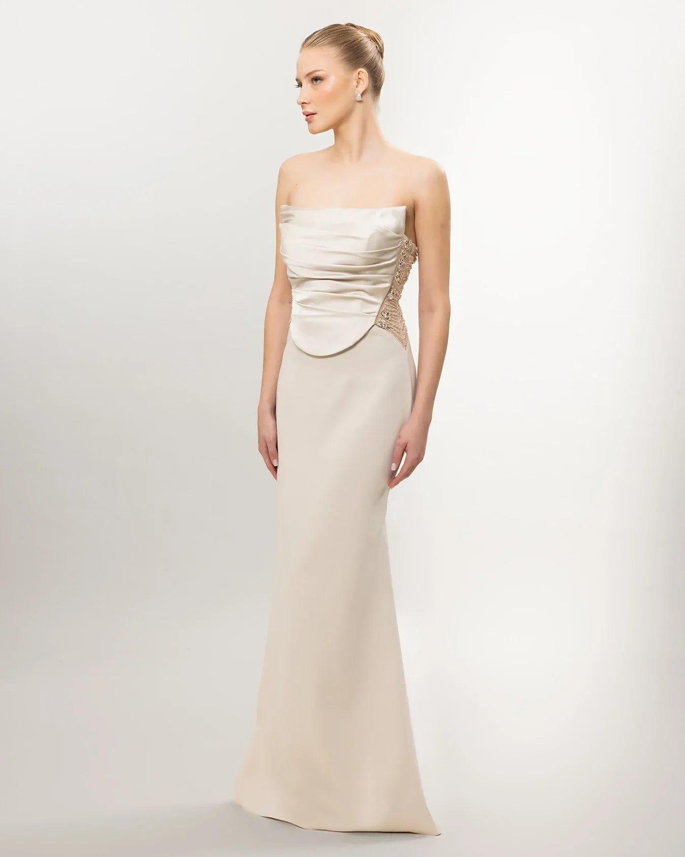 26011-Straplez Drapeli Korse, Balık Abiye Elbise - Kenzel