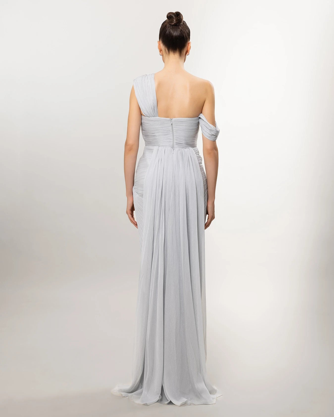 26012-Asimetrik Yaka Drapeli Uzun Abiye Elbise