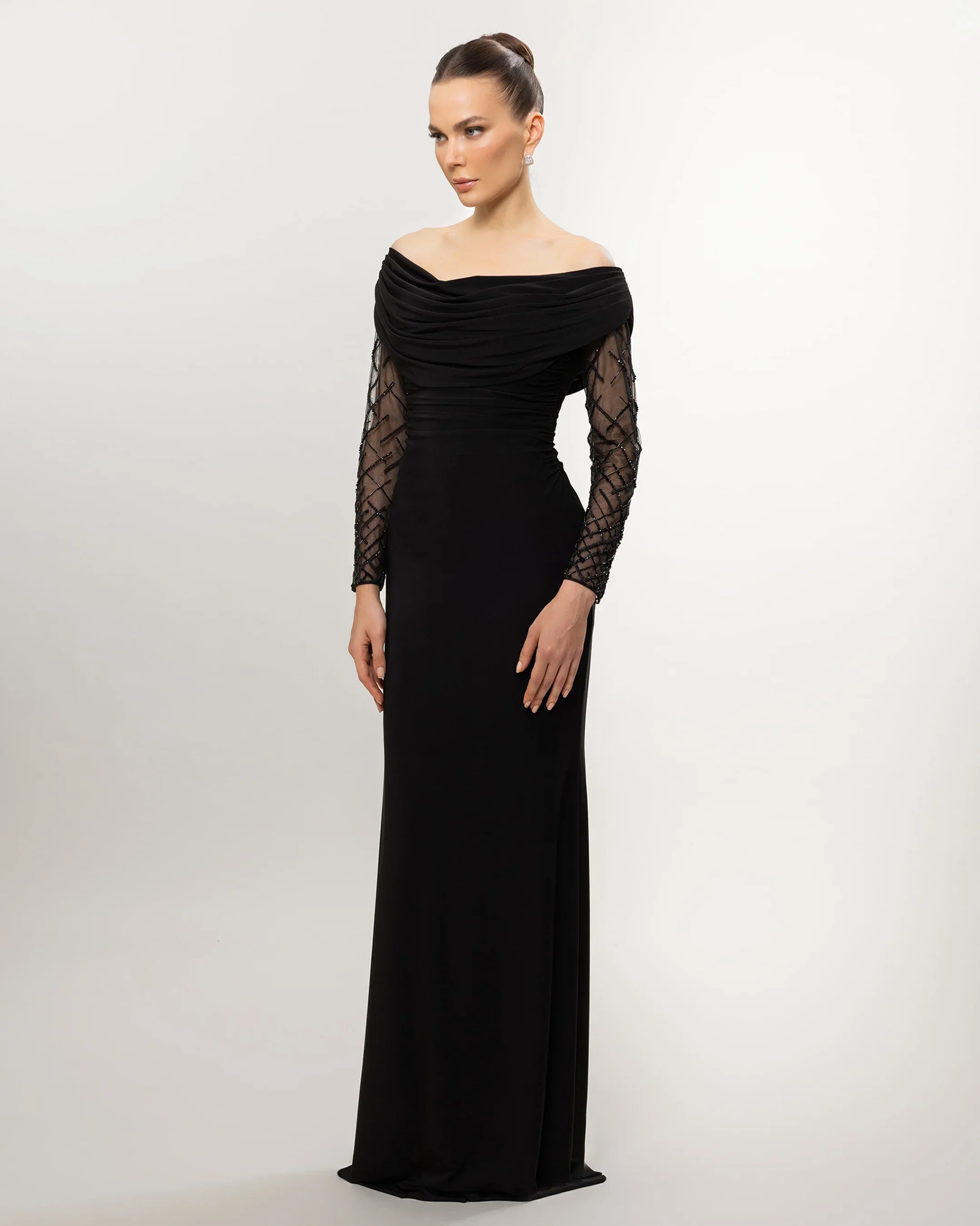 26015-Drape Collar Drop Shoulder Long Evening Dress
