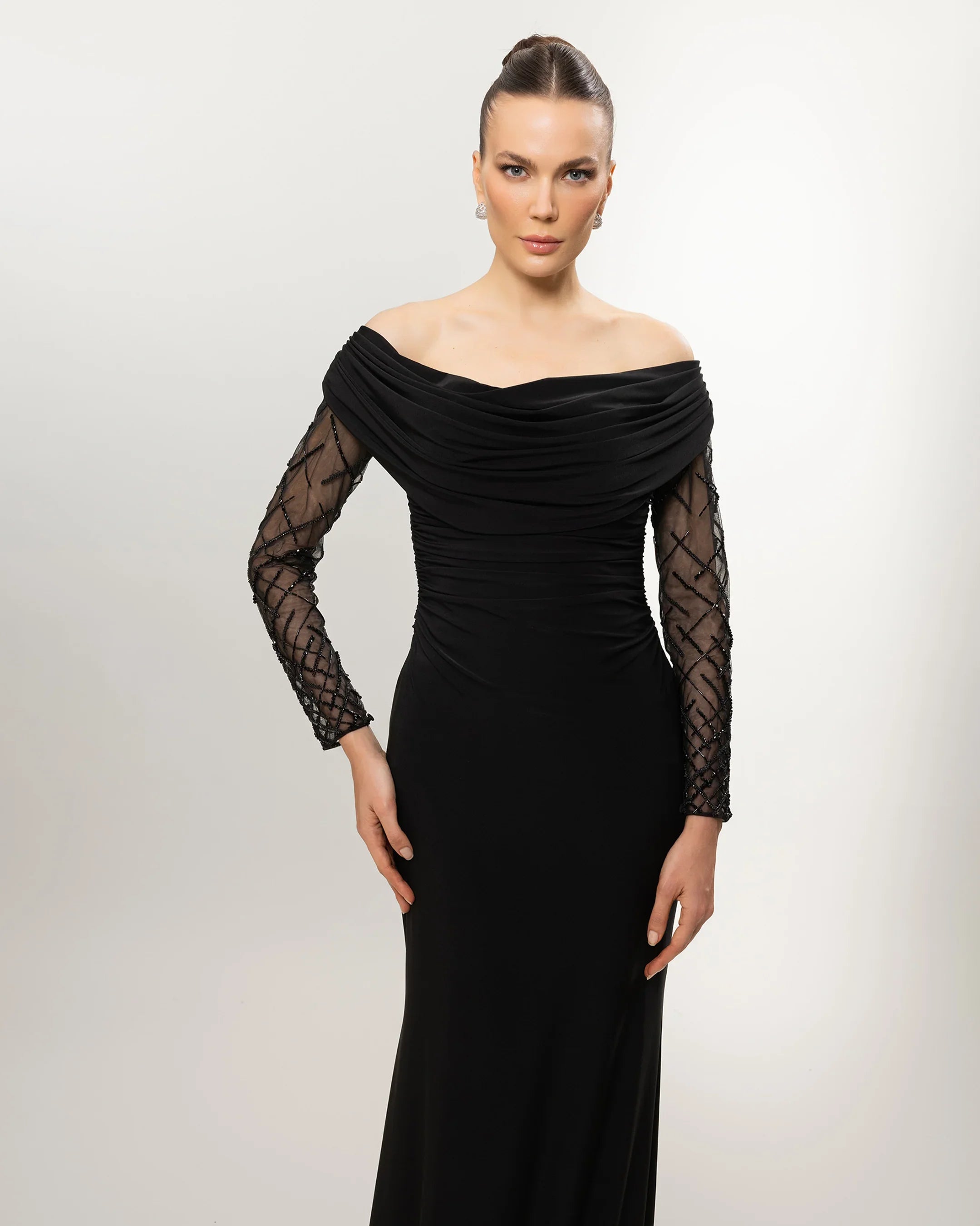 26015-Drape Collar Drop Shoulder Long Evening Dress