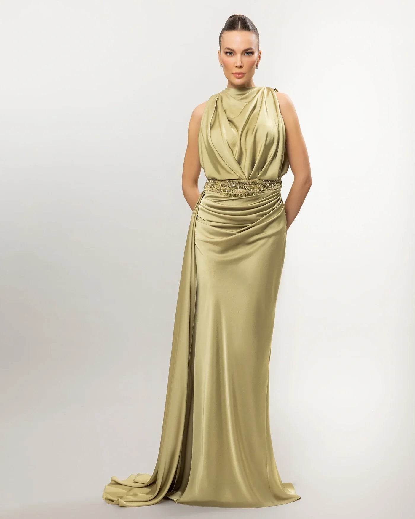 26019-Draped Waist Detail Halter Neck Long Dress