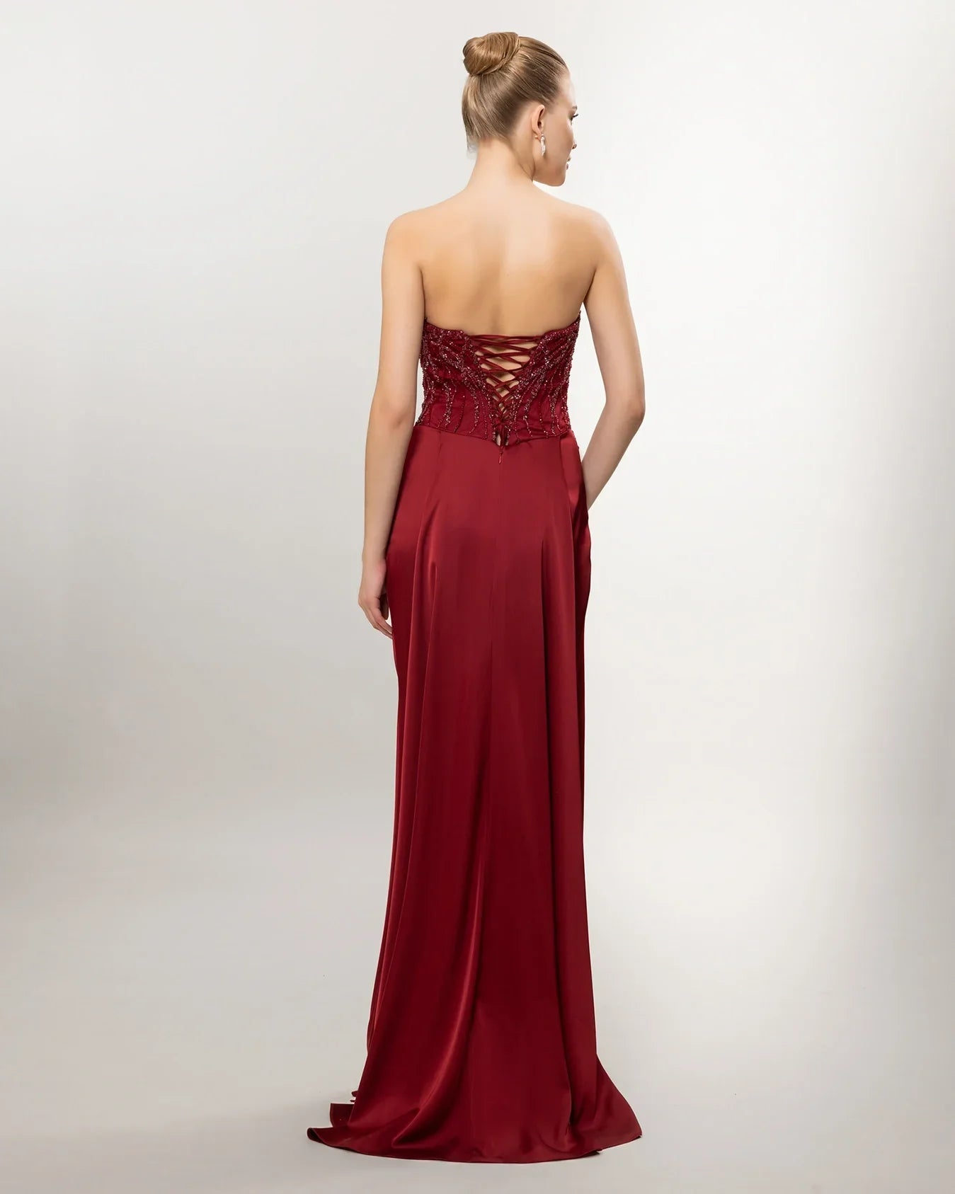 26021-Strapless Stone Embellished Draped Long Evening Dress