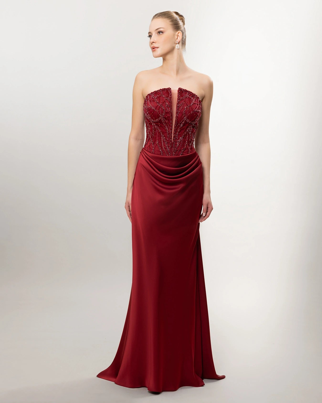 26021-Strapless Stone Embellished Draped Long Evening Dress