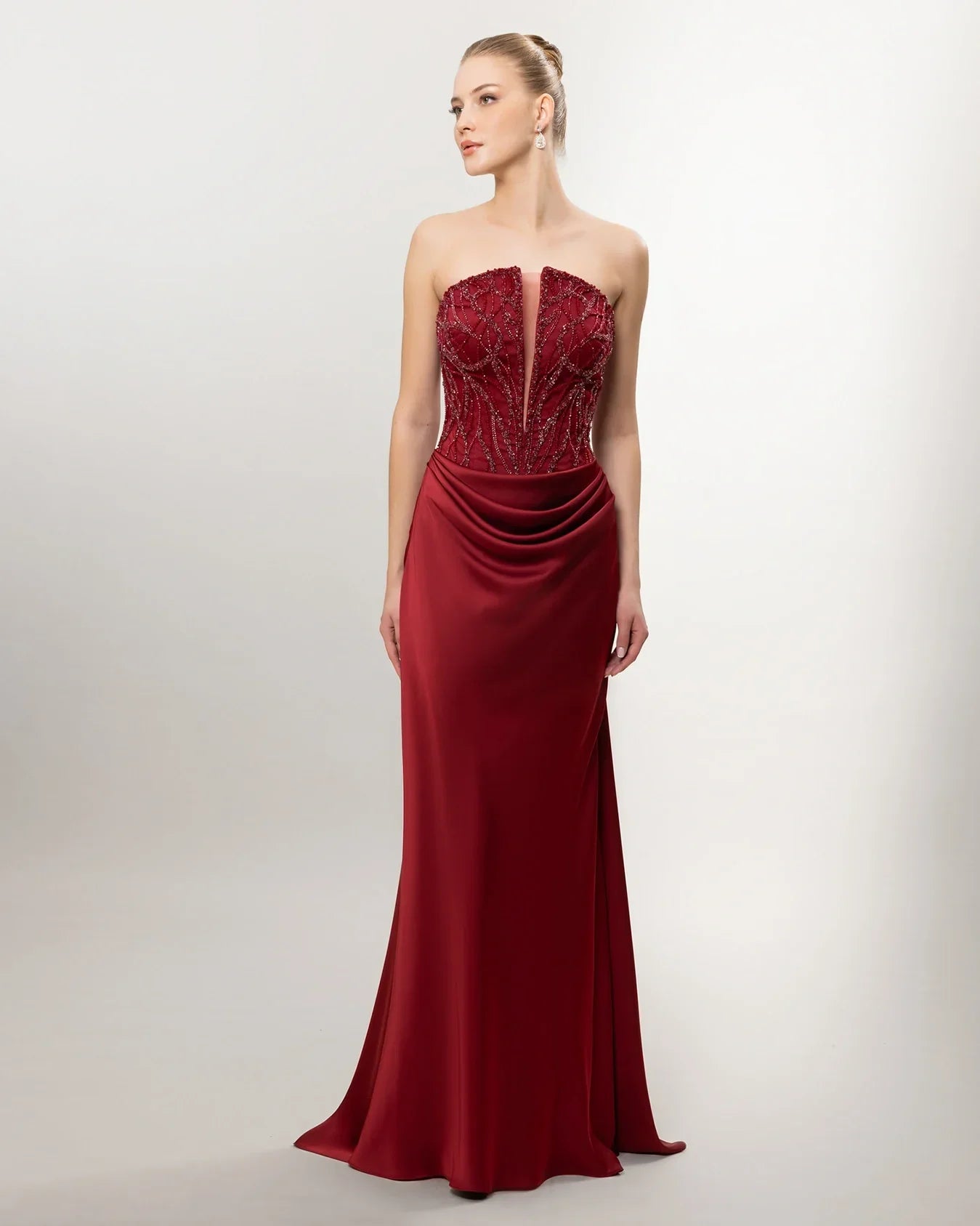 26021-Strapless Stone Embellished Draped Long Evening Dress