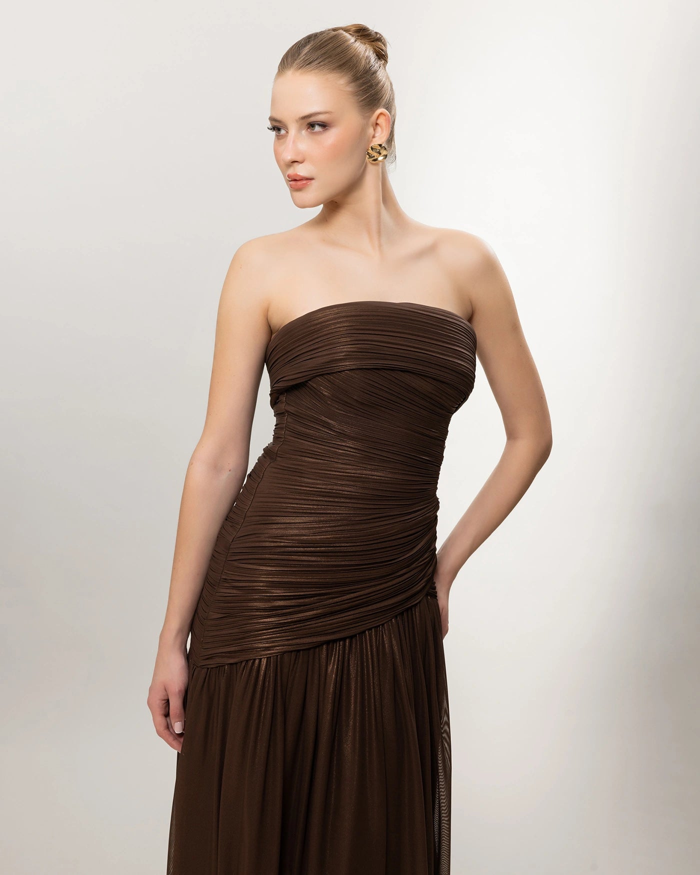 26022-Strapless Draped Long Evening Dress