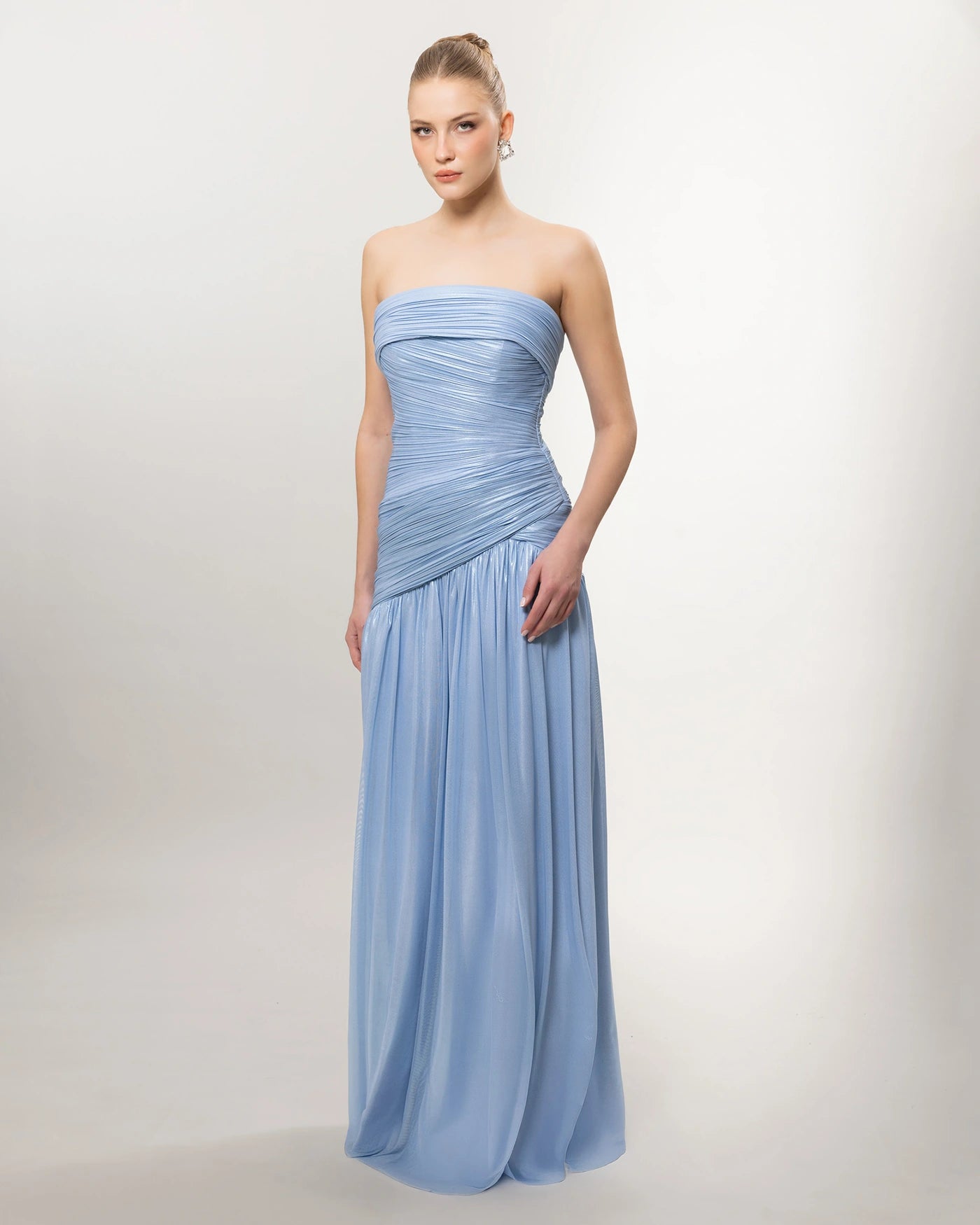 26022-Strapless Draped Long Evening Dress