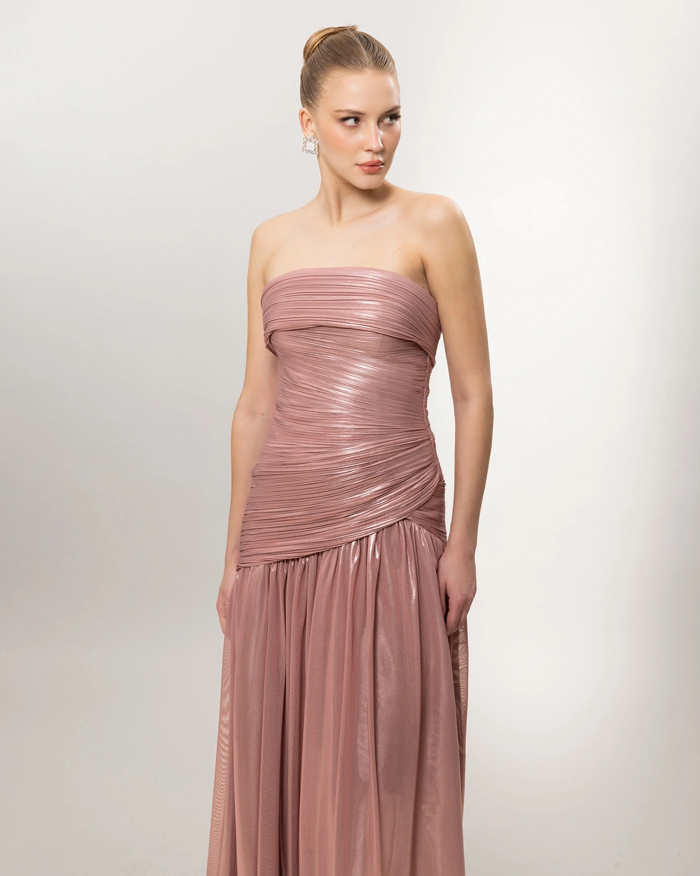 26022-Strapless Draped Long Evening Dress