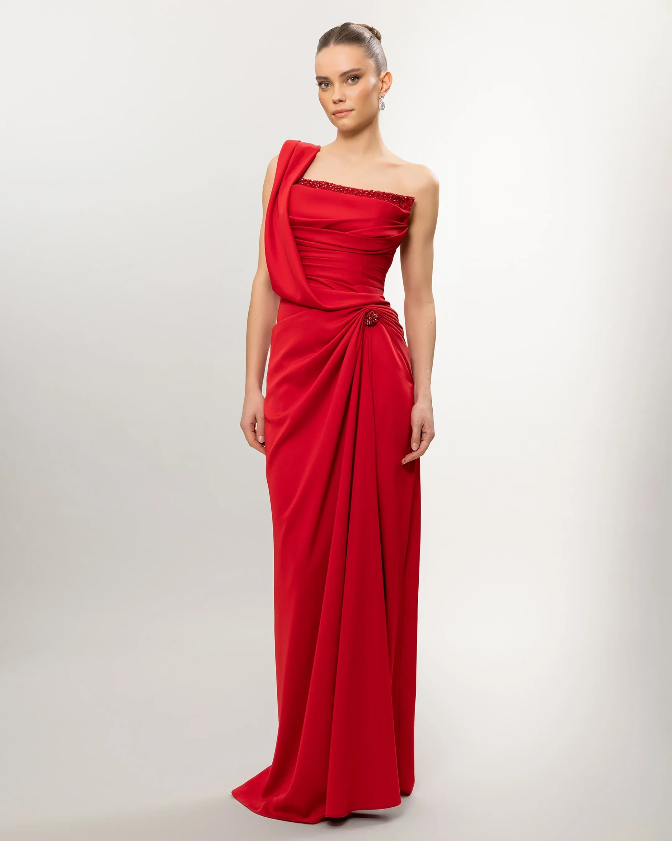 26034-Tek Omuz Drapeli Abiye Elbise