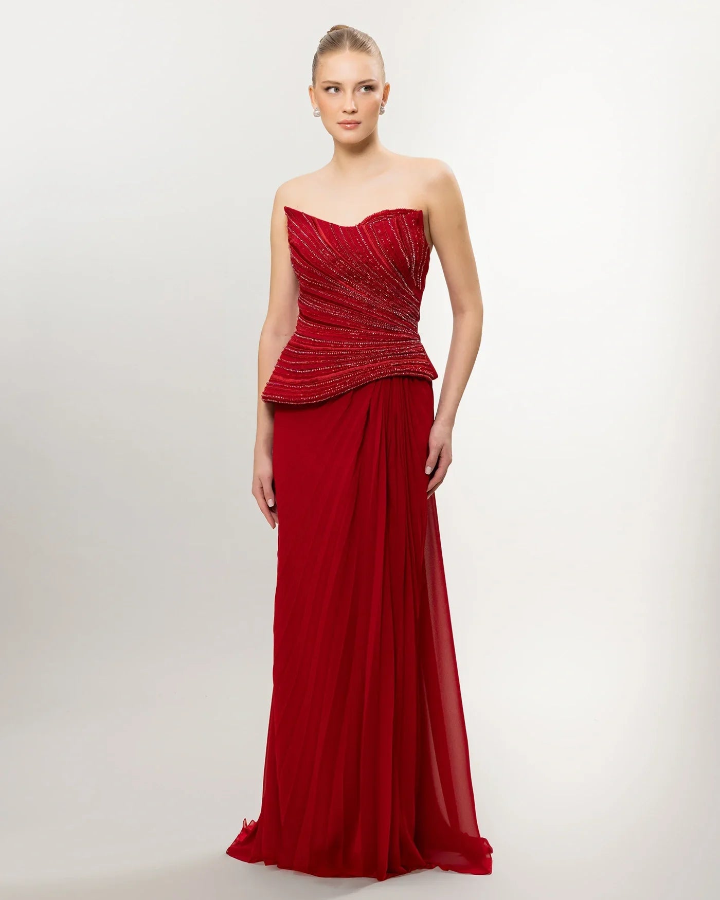 26035-Straplez Peplum Detaylı Yırtmaçlı Abiye Elbise - Kenzel