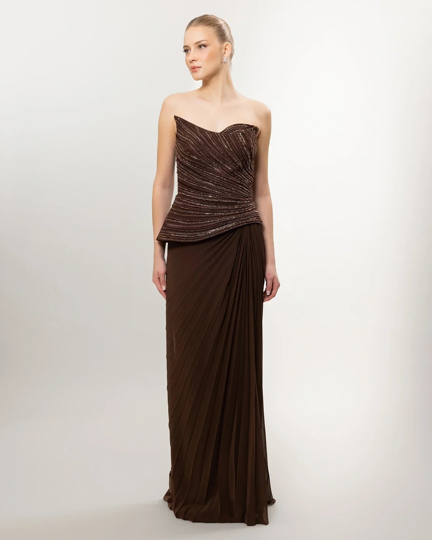 26035-Straplez Peplum Detaylı Yırtmaçlı Abiye Elbise - Kenzel