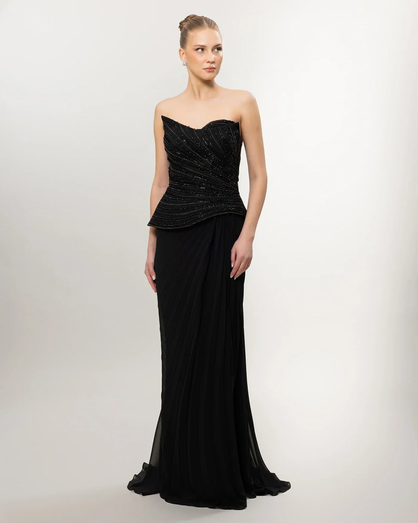 26035-Straplez Peplum Detaylı Yırtmaçlı Abiye Elbise - Kenzel